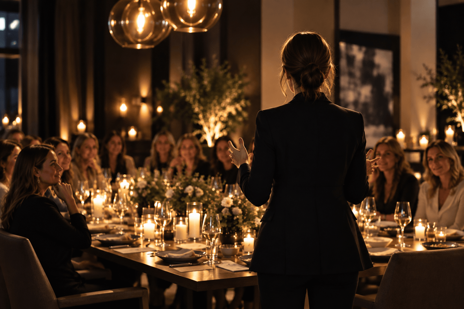A speaker in a black suit standing and addressing a long candlelit dinner table of women, wine glasses and floral arrangements down the center